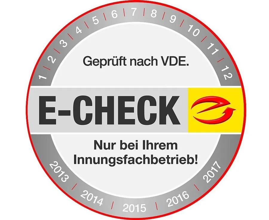 E-Check-Prüfplakette mit dem Hinweis „Geprüft nach VDE“
